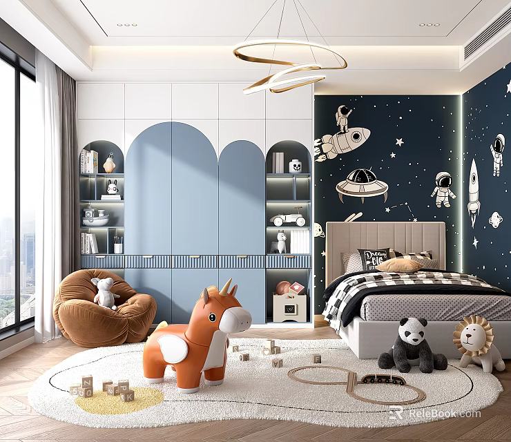 Cozy Modern Kids Room Interior With Space Themed Wall Decor Bed Toys And Shelves 3d model 