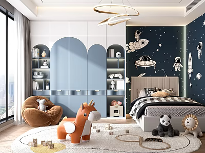 Cozy Modern Kids Room Interior With Space Themed Wall Decor Bed Toys And Shelves 3d model