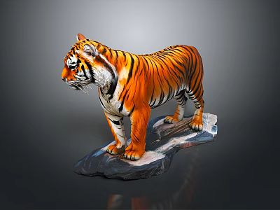 Realistic Tiger Sculpture With Orange Black Stripes Standing On Stone Base 3d model
