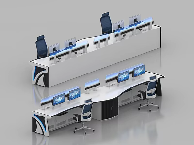 Modern Office Workspace With Long Desks Multiple Computer Monitors And Blue Chairs 3d model