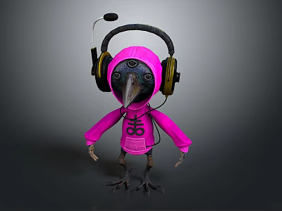 Stylish Crow Character in Pink Hoodie with Headphones 3D Model Design 3d model