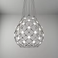 Modern Round Chandelier Featuring Black Metal Mesh Design and Small White Lights