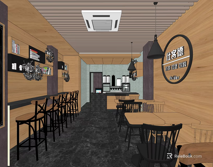 Modern Restaurant Interior With Wooden Walls Bar Area High Stools Dining Tables And Pendant Lights 3d model 