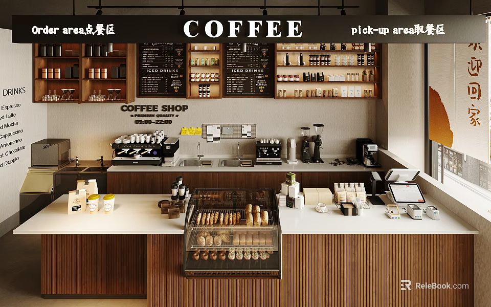 Modern Coffee Shop Interior With Wooden Counters Display Cases Coffee Machines And Menu Boards 3d model 