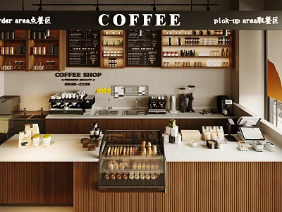 Modern Coffee Shop Interior With Wooden Counters Display Cases Coffee Machines And Menu Boards 3d model