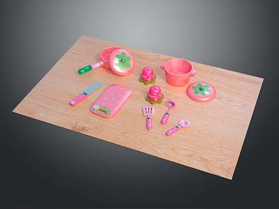Pink Children's Kitchen Utensils Set With Wooden Cutting Board And Strawberry Design 3d model