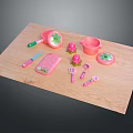 Pink Children's Kitchen Utensils Set With Wooden Cutting Board And Strawberry Design