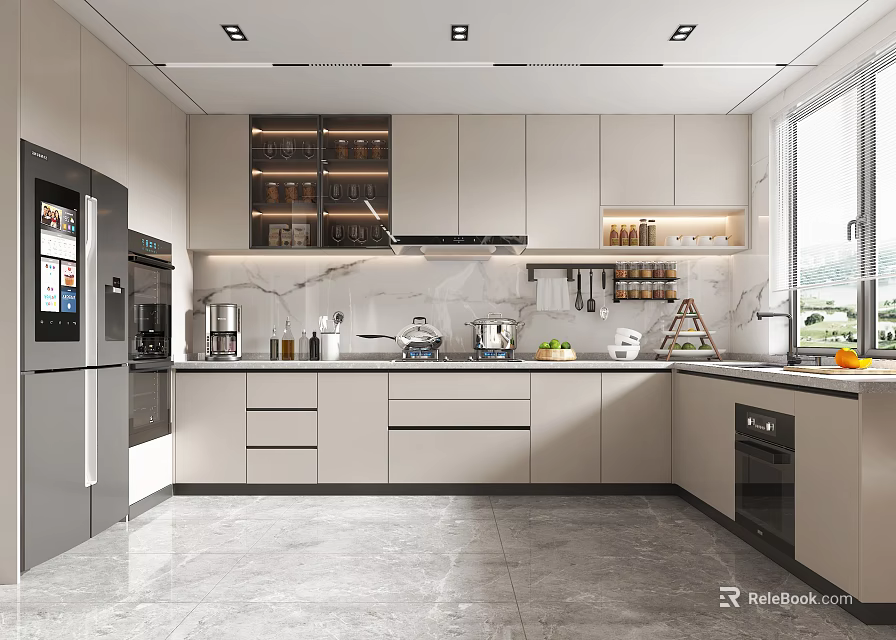 Modern Kitchen Interior Design With Gray Cabinets Marble Countertop Refrigerator And Coffee Machine 3d model