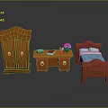 Wooden Bedroom Furniture Set Featuring Wardrobe Desk Bed and Books on Desk with Flower Vase