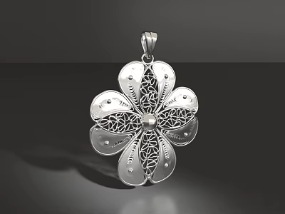 Silver Flower Shaped Pendant with Intricate Filigree Design and Decorative Details 3d model