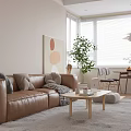 Soft Warm Cream Living Dining Room With Cozy Leather Sofa And Natural Wood Interior Design
