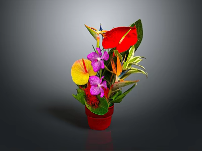 Colorful Plant With Red Flowers Purple Orchids Yellow Leaves Green Foliage And Red Pot 3d model