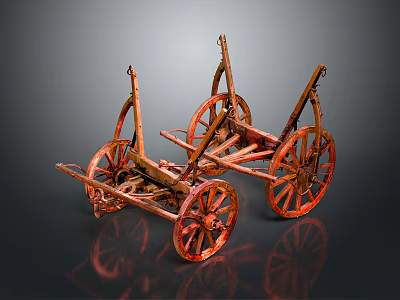 Two Ancient Red Wooden Carts With Spoked Wheels And Metal Fittings 3d model