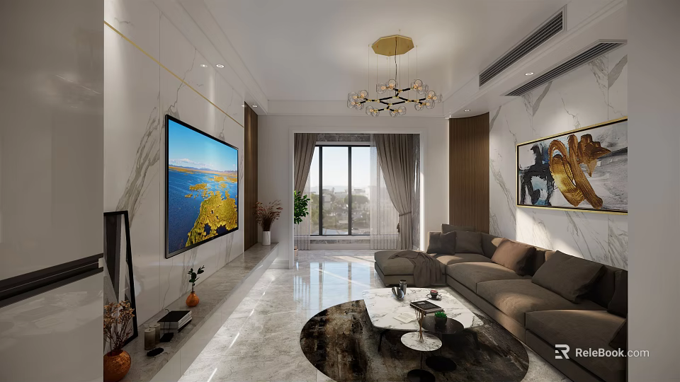 Modern Living Room Interior With Large Screen TV Chandelier Sofa Round Rug And Plants 3d model 