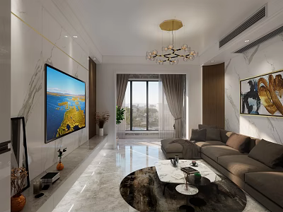 Modern Living Room Interior With Large Screen TV Chandelier Sofa Round Rug And Plants 3d model