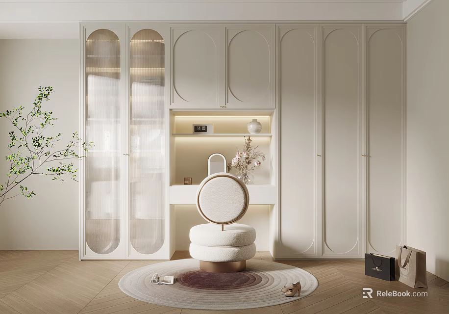 Modern Dressing Table With Arched Cabinets Round Mirror And Padded Stool Lighting 3d model