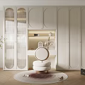 Modern Dressing Table With Arched Cabinets Round Mirror And Padded Stool Lighting 3d model