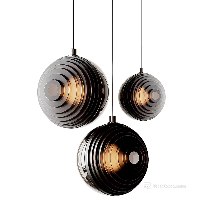 Three Modern Spherical Ribbed Chandeliers With Warm Glowing Light Interior Design 3d model 