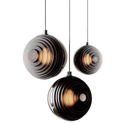 Three Modern Spherical Ribbed Chandeliers With Warm Glowing Light Interior Design 3d model
