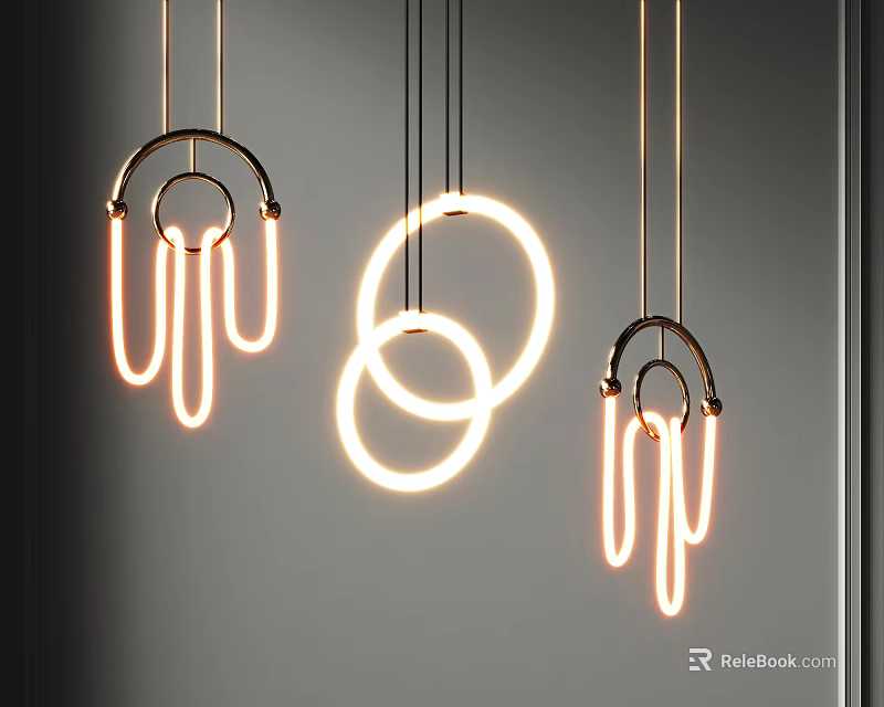 Modern Circular Pendant Lights With Illuminated Rings Hanging From Ceiling In Interior 3d model