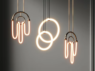 Modern Circular Pendant Lights With Illuminated Rings Hanging From Ceiling In Interior 3d model
