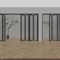 Modern Interior Folding Doors With Black Frames Transparent Panels And Wooden Flooring