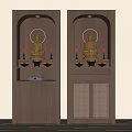 Traditional Wooden Double Buddhist Shrine Cabinet with Golden Buddha Statues Halo Candles and Offerings