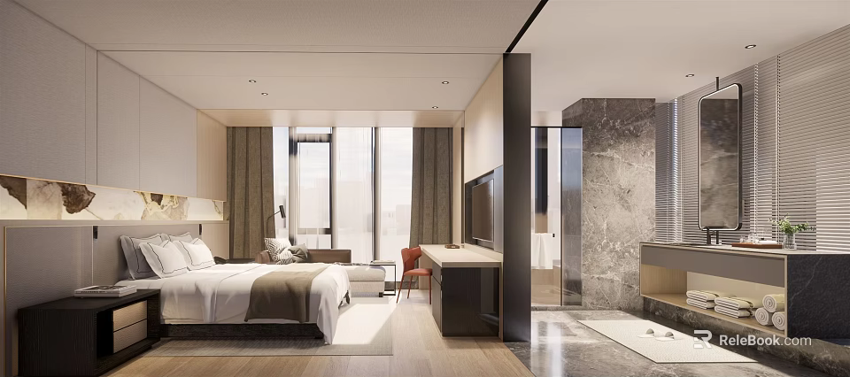 Modern Hotel Room Interior Design With Large Bed Sofa TV And Floor To Ceiling Windows 3d model 