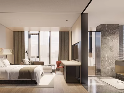 Modern Hotel Room Interior Design With Large Bed Sofa TV And Floor To Ceiling Windows 3d model