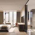 Modern Hotel Room Interior Design With Large Bed Sofa TV And Floor To Ceiling Windows