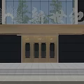 Wooden Entrance Doors With Glass Panels On Dark Wall Building Entrance With Steps