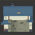 Cartoon Style Building With Blue Roof Chimney Circular Red Yellow Decoration White Gray Body