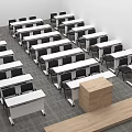 School Classroom Interior Featuring Rows Of Desks Chairs And Wooden Teaching Podium