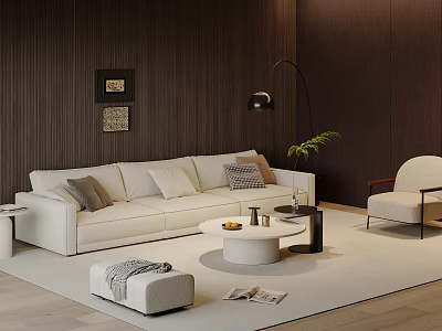 Modern White Sofa and Round Coffee Table Set with Floor Lamp Accent Chair and Wall Art 3d model