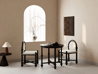 Minimalist Dining Table Set with Two Black Chairs White Cushions Arched Window and Wall Art 3d model