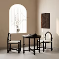 Minimalist Dining Table Set with Two Black Chairs White Cushions Arched Window and Wall Art