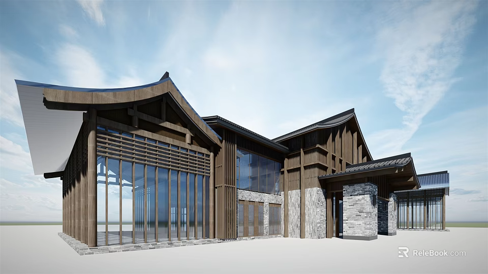 Traditional Chinese Style Sales Office Building With Wooden Structure Glass Curtain Walls And Stone Walls 3d model
