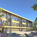 Modern Office Building Exterior Design With Wooden Elements Glass Facade And Greenery Surroundings