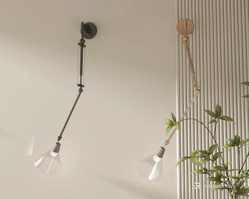 Black And Gold Adjustable Arm Wall Lamps With Transparent Shades Near Green Plant 3d model 