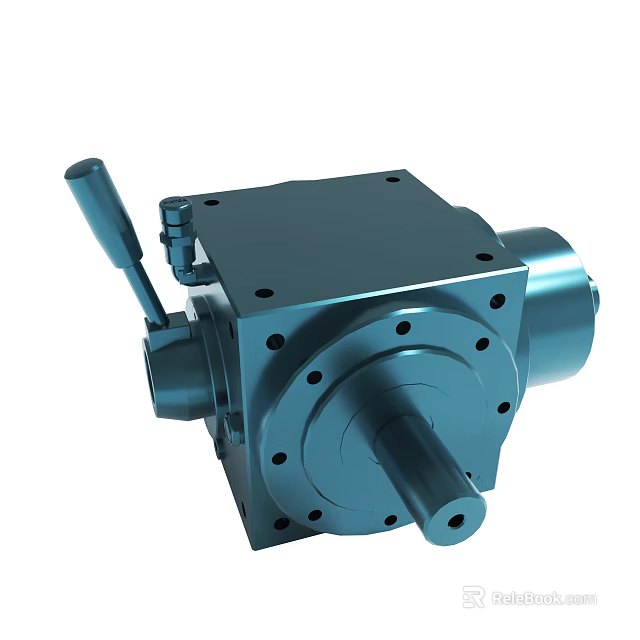 Blue Metallic Industrial Gearbox With Handle Flange And Rotating Shaft 3d model 