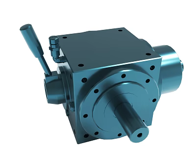 Blue Metallic Industrial Gearbox With Handle Flange And Rotating Shaft 3d model