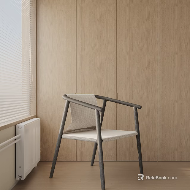 Modern Leisure Chair With Gray Metal Frame And Light Woven Seat By Wooden Wall Window 3d model 