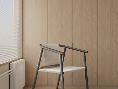 Modern Leisure Chair With Gray Metal Frame And Light Woven Seat By Wooden Wall Window 3d model
