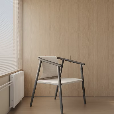 Modern Leisure Chair With Gray Metal Frame And Light Woven Seat By Wooden Wall Window 3d model
