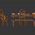 Rustic Wooden Dining Table With Two Chairs Cheese Fruits Cake And Dishes On Top