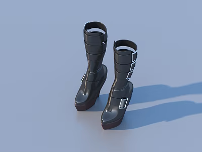 Stylish Black Boots With Buckle Straps And Wedge Heels Design 3d model