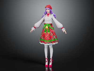 Festive 3D Female Character With Purple Hair Red Hat Green Bow And Red Plaid Skirt 3d model