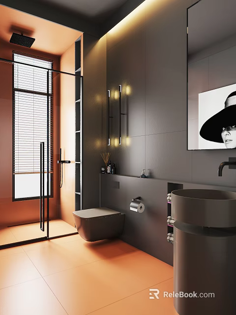 Modern Bathroom Interior With Gray Walls Wall-Mounted Lights Round Sink Glass Shower And Decorative Portrait 3d model 