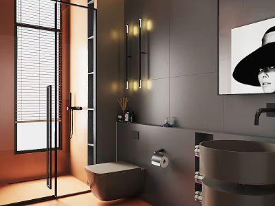 Modern Bathroom Interior With Gray Walls Wall-Mounted Lights Round Sink Glass Shower And Decorative Portrait 3d model