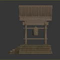 Cartoon Scene Of Japanese Style Wooden Pavilion With Tile Roof Steps And Copper Bell